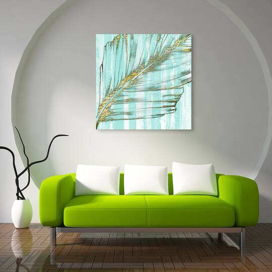 Empire Art Direct 38" x 38" Beach Frond in Gold I Frameless Free Floating Tempered Glass Wall Art